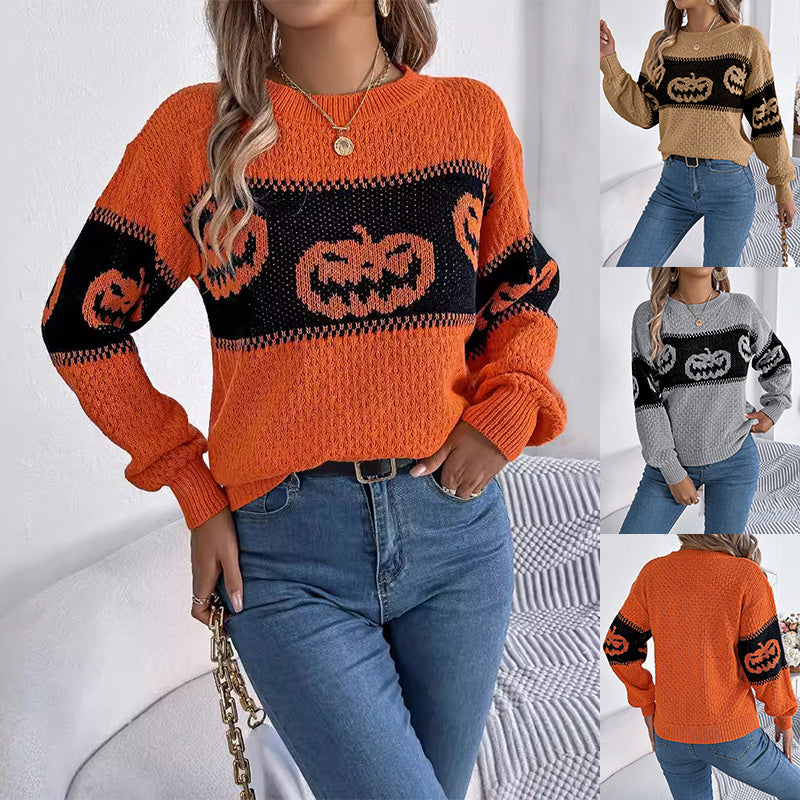 Halloween Pumpkin Knit Sweater — Women's Crew Neck Pullover 7