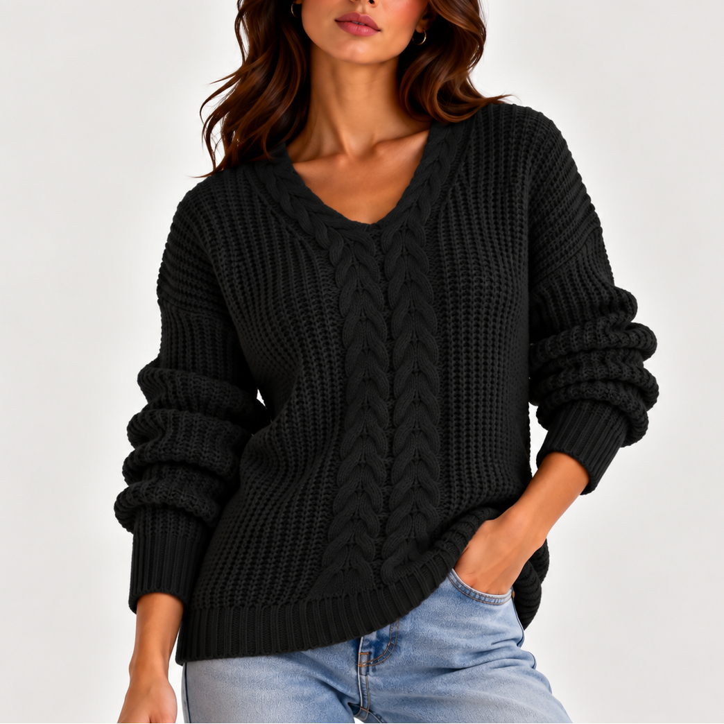 Cable Knit V-Neck Sweater — Women's Long Sleeve Knit Jumper 3