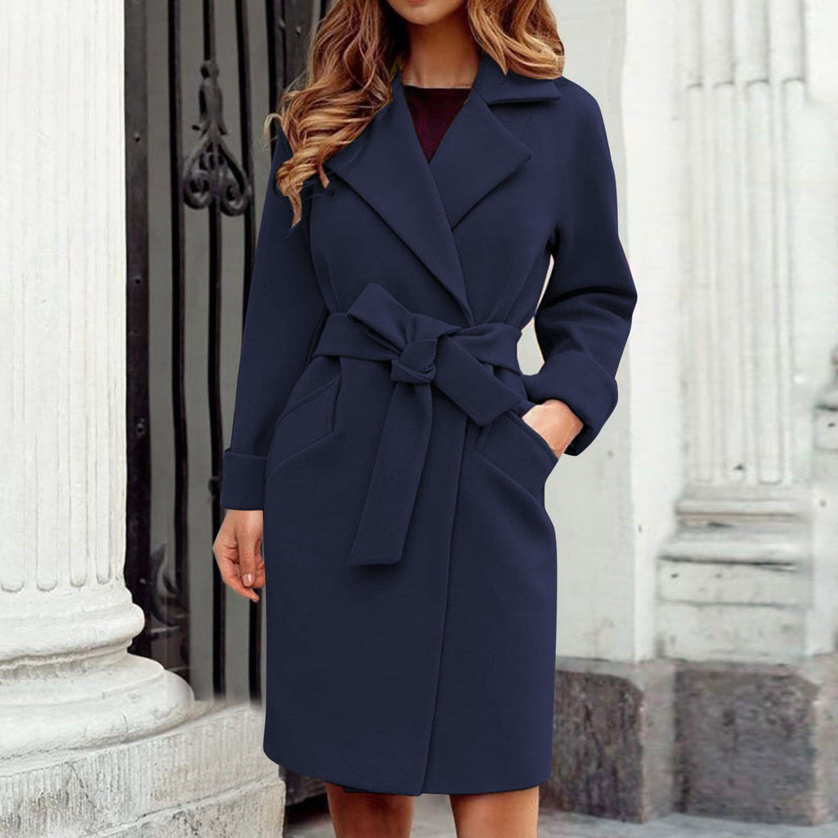 Belted Wrap Wool Coat — Bow Tie Waist & Front Pockets 1