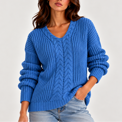 Cable Knit V-Neck Sweater — Women's Long Sleeve Knit Jumper 5