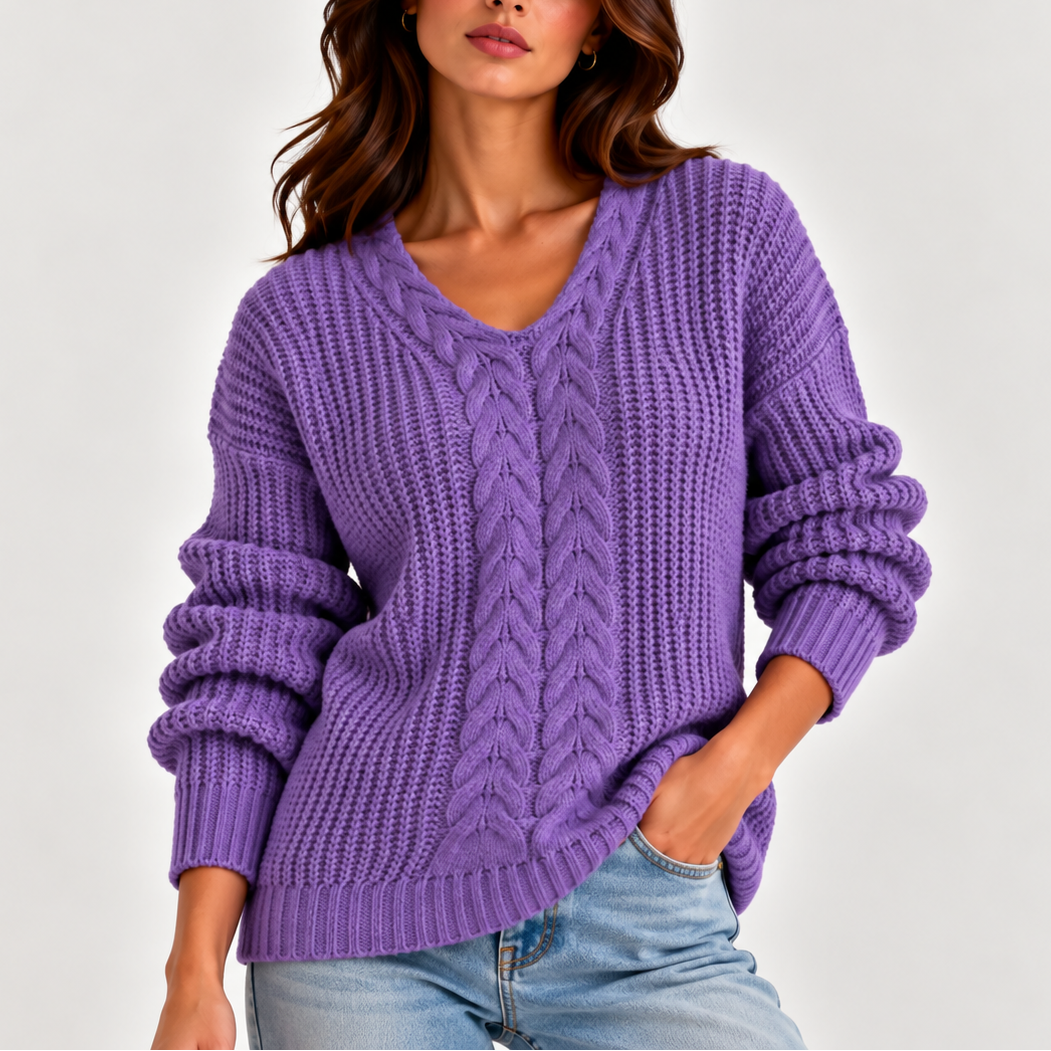 Cable Knit V-Neck Sweater — Women's Long Sleeve Knit Jumper 1