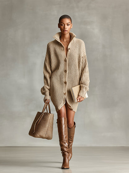 Oversized Mini Cardigan Dress — Button-Front Knit Camel 3