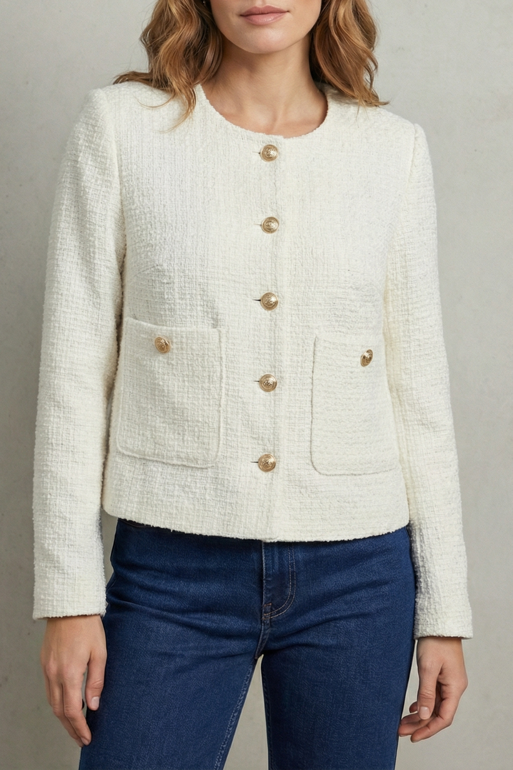 Women's Cropped Blazer — Round Neck & Gold Buttons 5