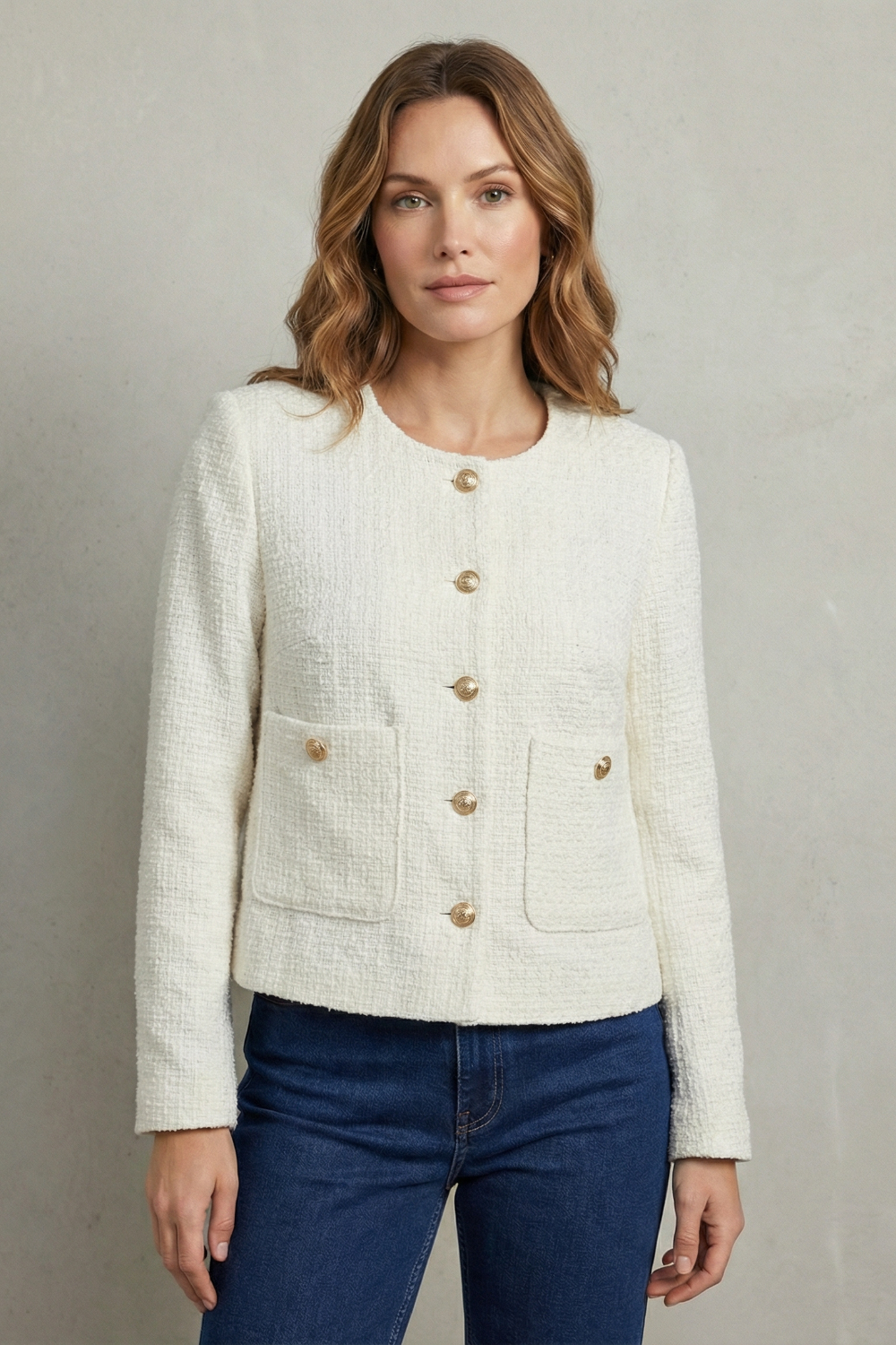 Women's Cropped Blazer — Round Neck & Gold Buttons 6