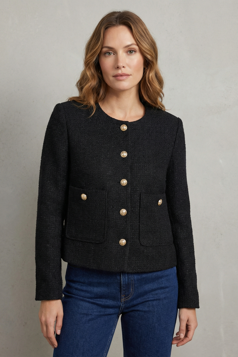 Women's Cropped Blazer — Round Neck & Gold Buttons 1