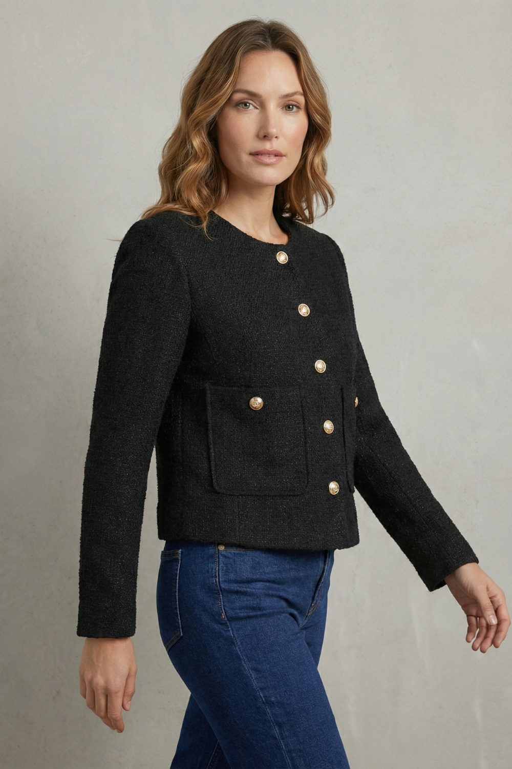 Women's Cropped Blazer — Round Neck & Gold Buttons 3