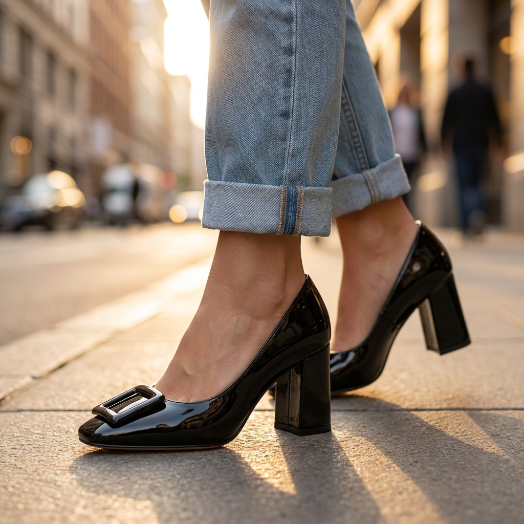 Block Heel Pumps — Square Buckle & Patent Finish Heels 2