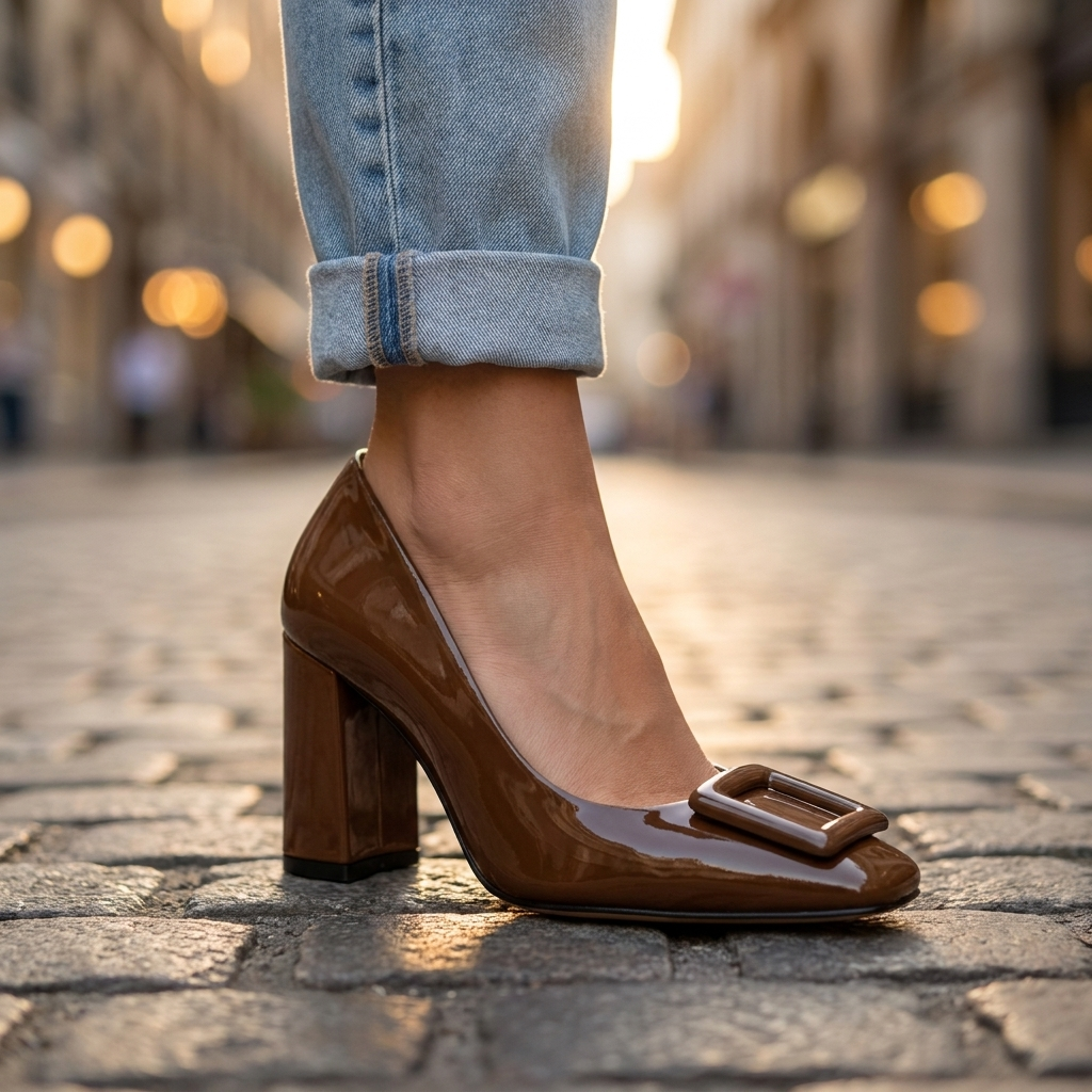 Block Heel Pumps — Square Buckle & Patent Finish Heels 3