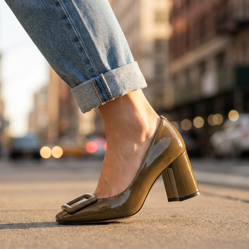 Block Heel Pumps — Square Buckle & Patent Finish Heels 6