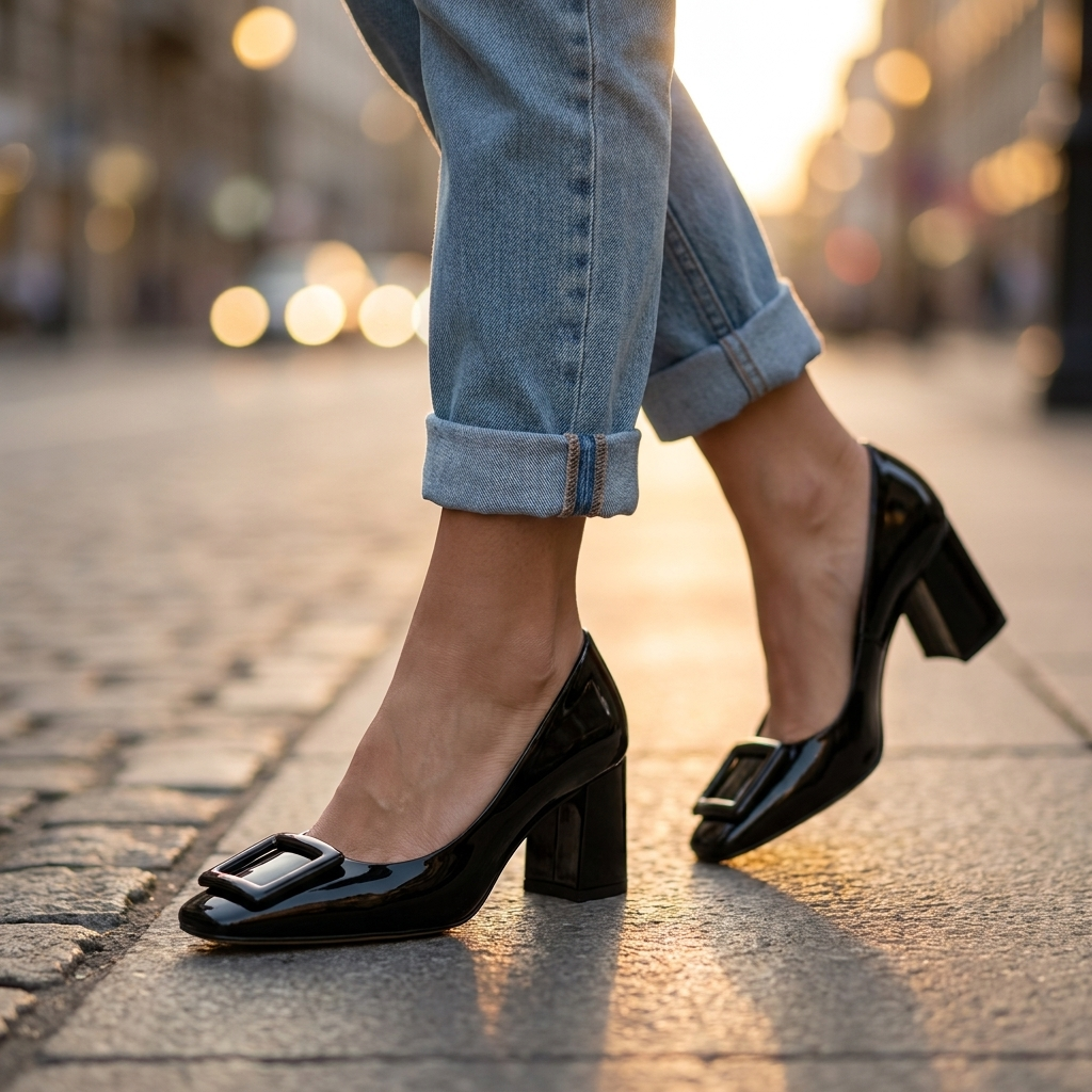 Block Heel Pumps — Square Buckle & Patent Finish Heels 1