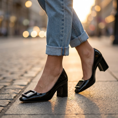 Block Heel Pumps — Square Buckle & Patent Finish Heels 1