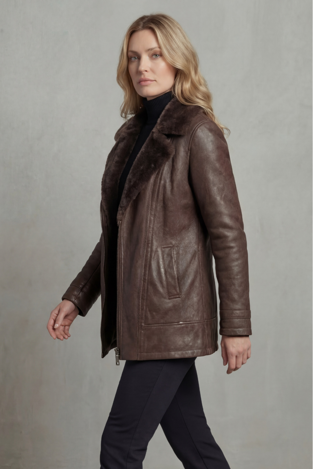 Brown Vegan Leather Jacket — Shearling Collar & Warm Lining 2