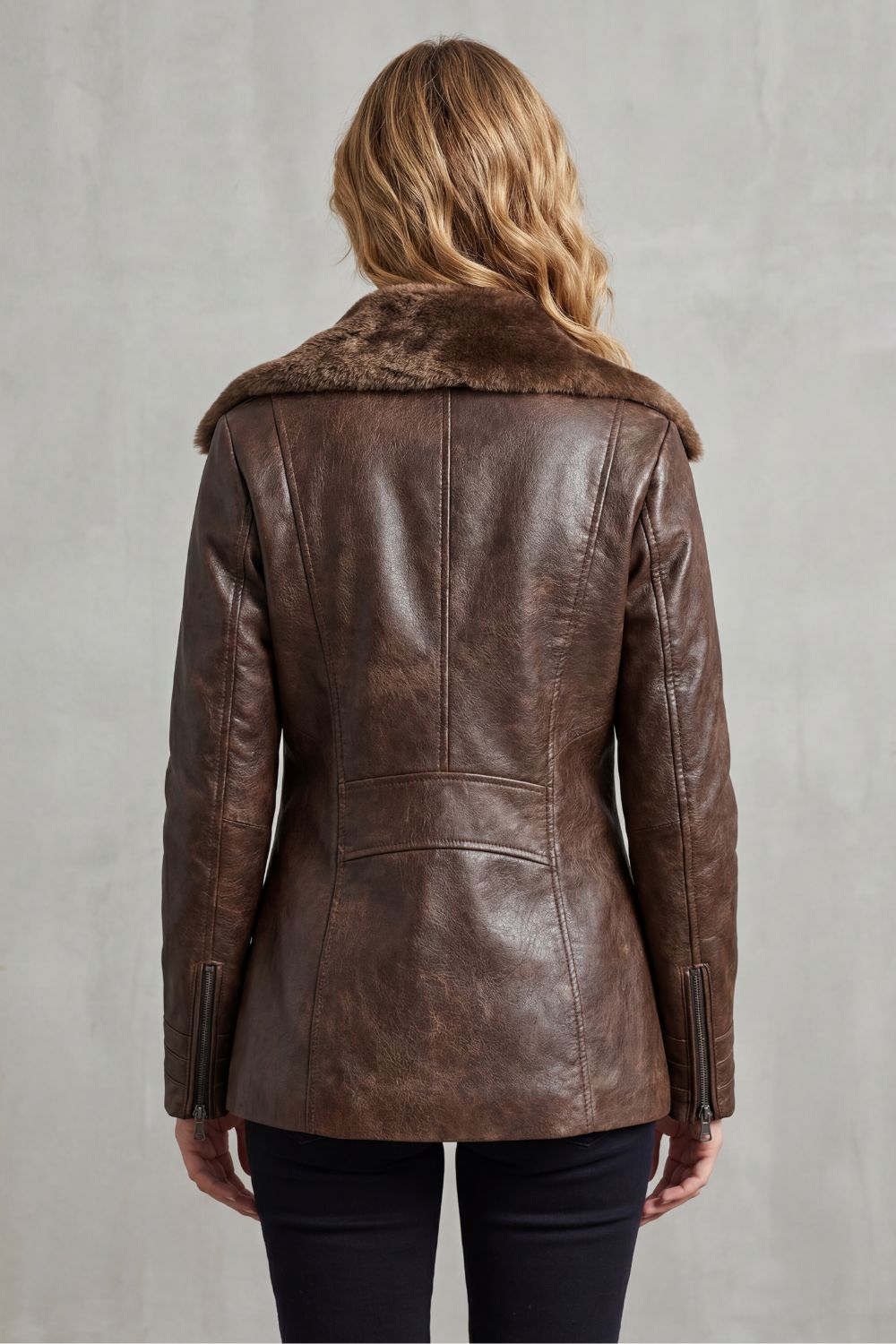 Brown Vegan Leather Jacket — Shearling Collar & Warm Lining 3