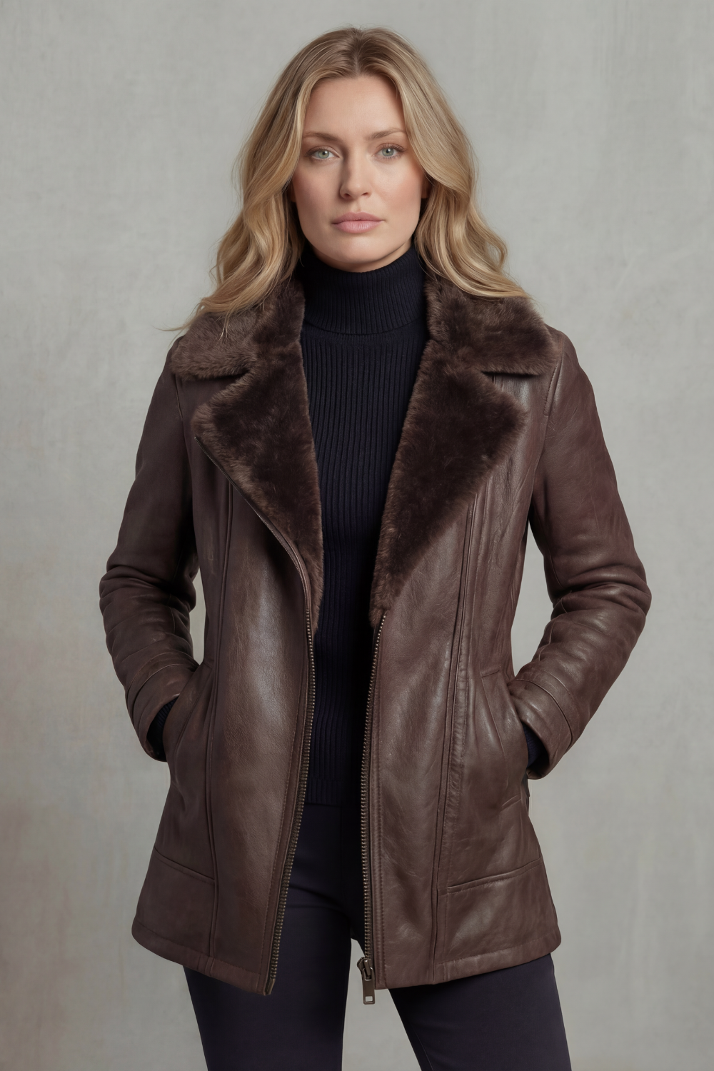 Brown Vegan Leather Jacket — Shearling Collar & Warm Lining 4