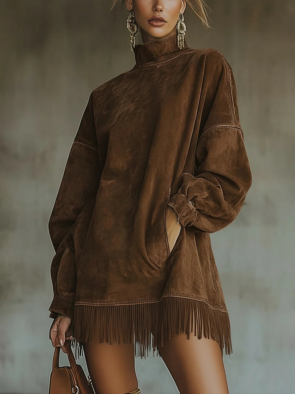 Suede-Look Fringe Turtleneck Mini Dress — Boho Relaxed Fit 2