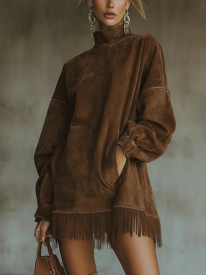 Suede-Look Fringe Turtleneck Mini Dress — Boho Relaxed Fit 2