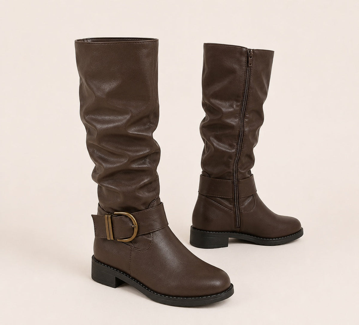 Women's Brown Buckle Knee-High Boots — Wide Calf Slouchy 3