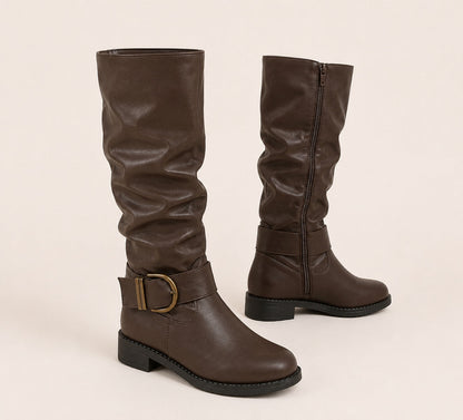 Women's Brown Buckle Knee-High Boots — Wide Calf Slouchy 3