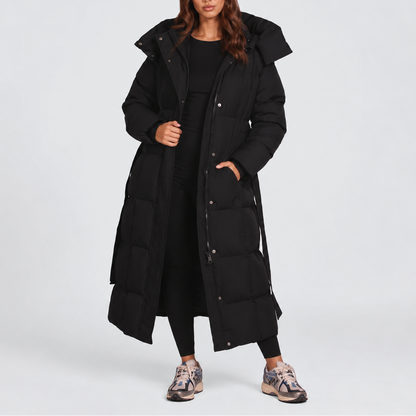 Women's Long Hooded Puffer Coat — Belted Padded Jacket 1