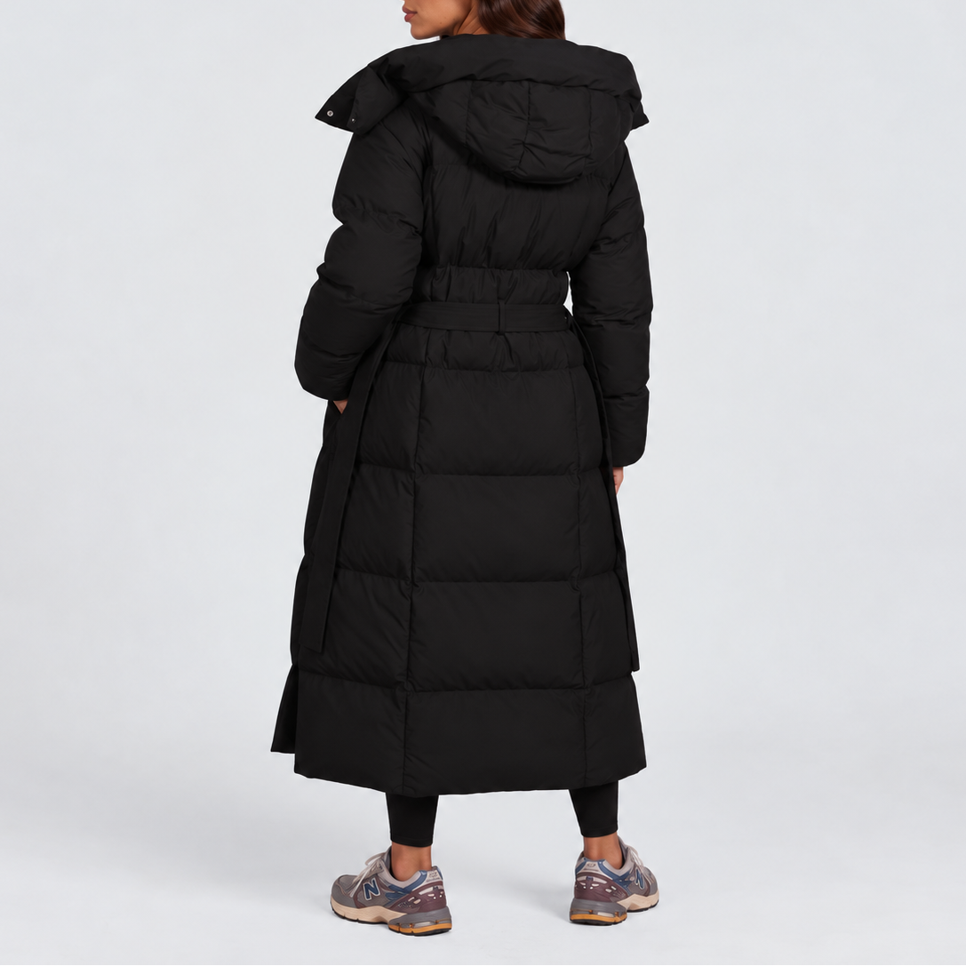 Women's Long Hooded Puffer Coat — Belted Padded Jacket 3