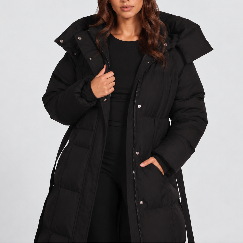 Women's Long Hooded Puffer Coat — Belted Padded Jacket 2