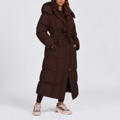 Women's Long Hooded Puffer Coat — Belted Padded Jacket 4
