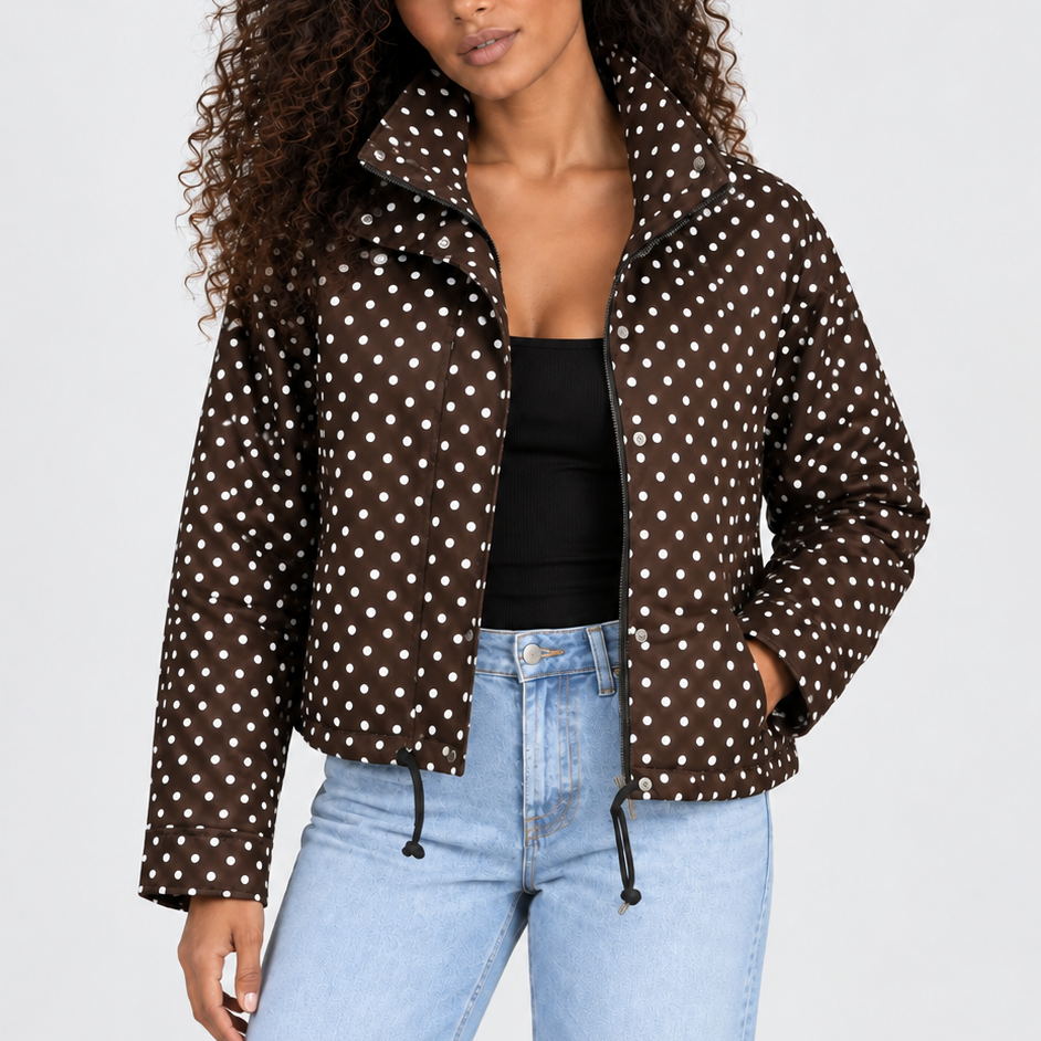 Polka Dot Cropped Jacket — Women's High Collar Zip-Up 1