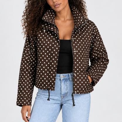 Polka Dot Cropped Jacket — Women's High Collar Zip-Up 1