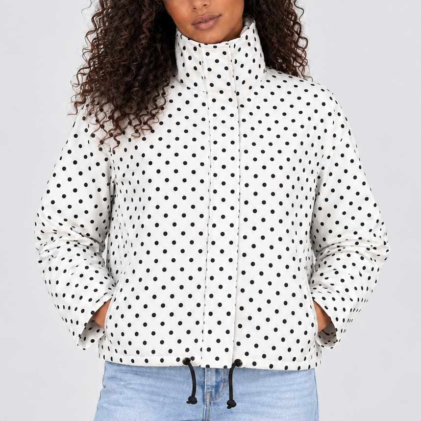 Polka Dot Cropped Jacket — Women's High Collar Zip-Up 4