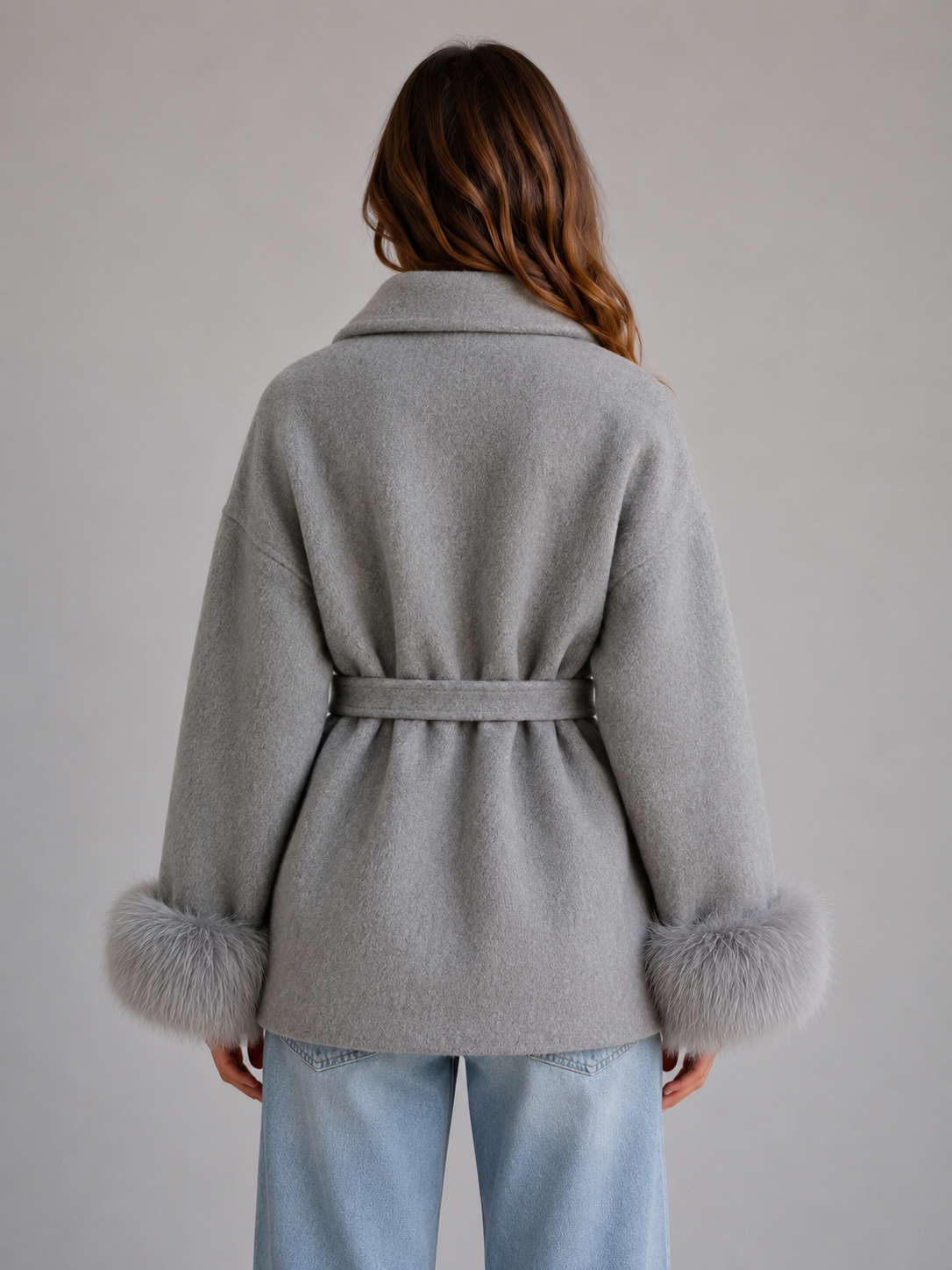 Women's Belted Wool-Blend Wrap Coat — Faux Fur Trim 2