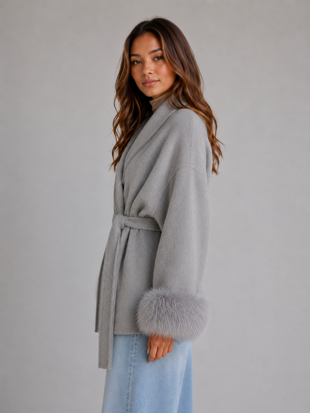 Women's Belted Wool-Blend Wrap Coat — Faux Fur Trim 3
