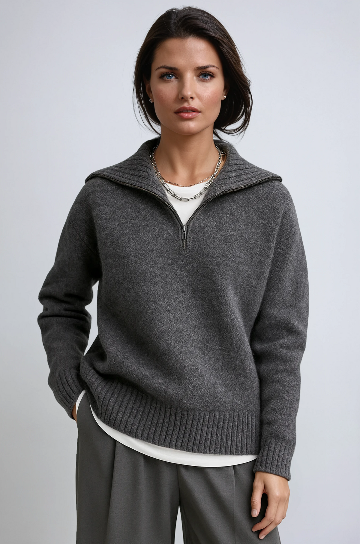 Knitted Zip-Up Turtleneck — Soft Half-Zip Women's Sweater 1