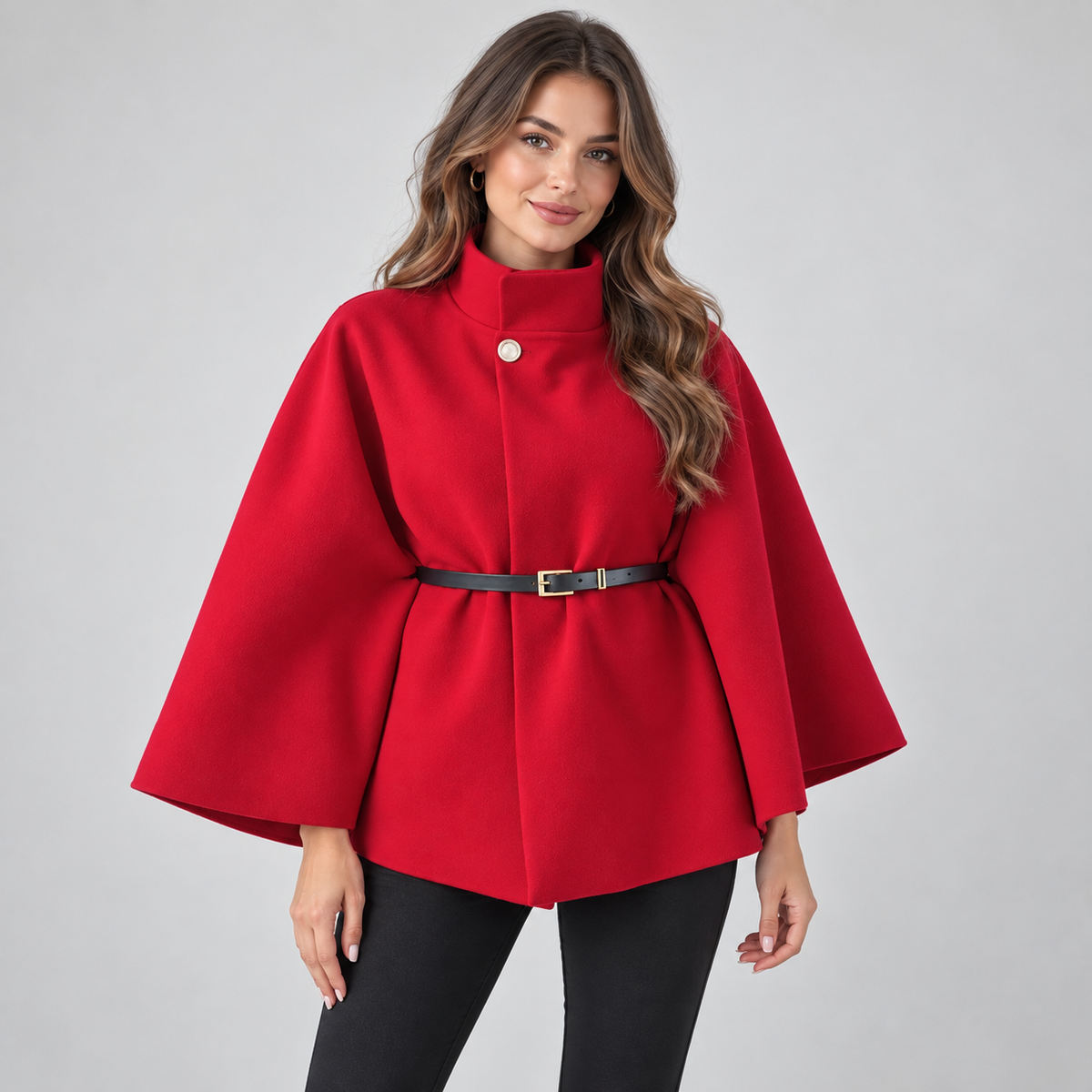 Women's Cape Coat — Belted High Neck Batwing Sleeves 1