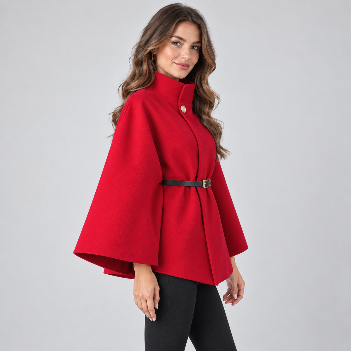 Women's Cape Coat — Belted High Neck Batwing Sleeves 3