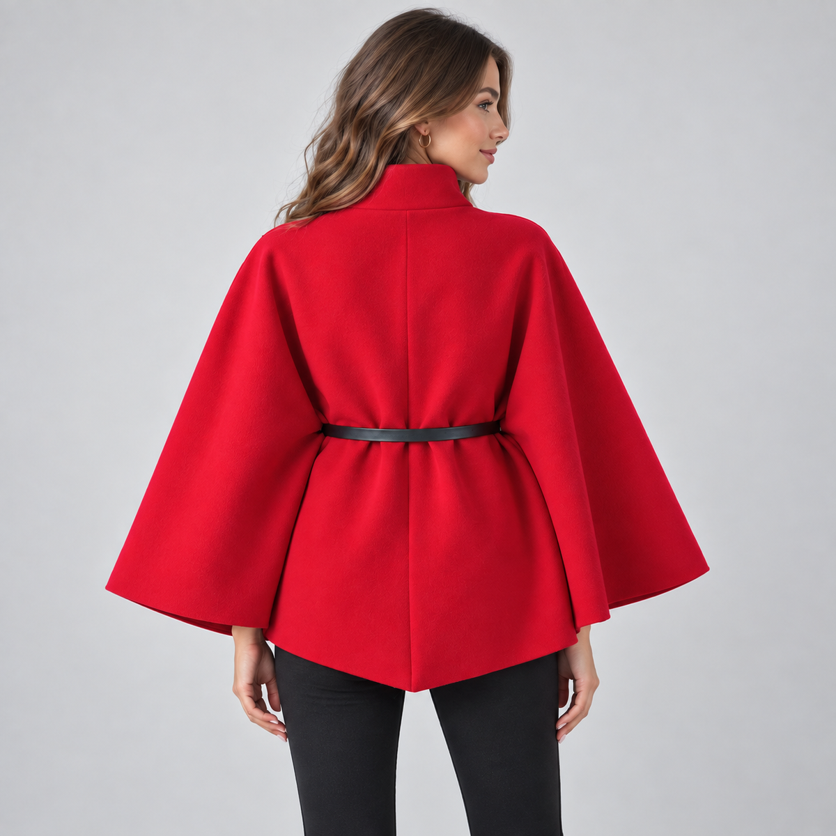 Women's Cape Coat — Belted High Neck Batwing Sleeves 2