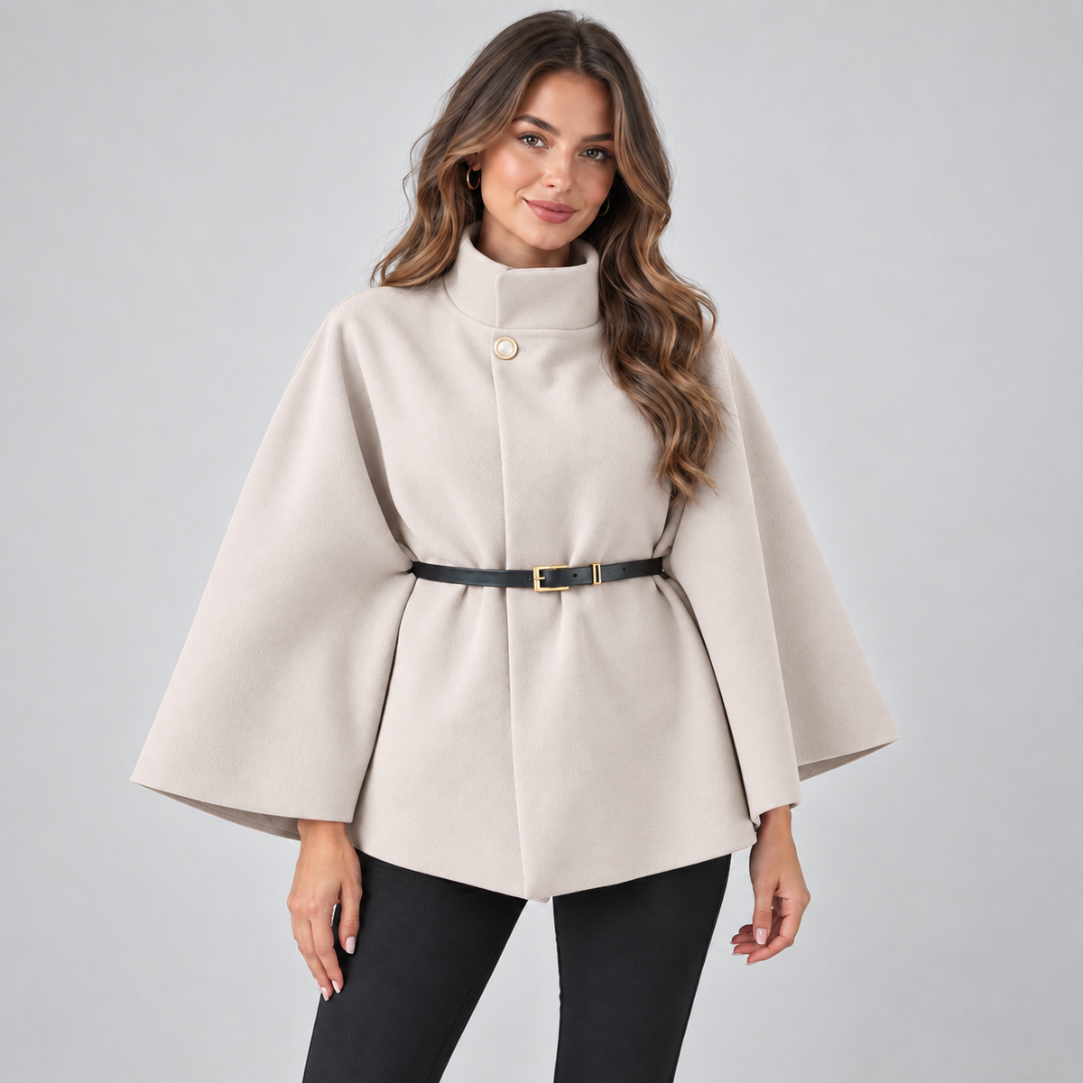 Women's Cape Coat — Belted High Neck Batwing Sleeves 4