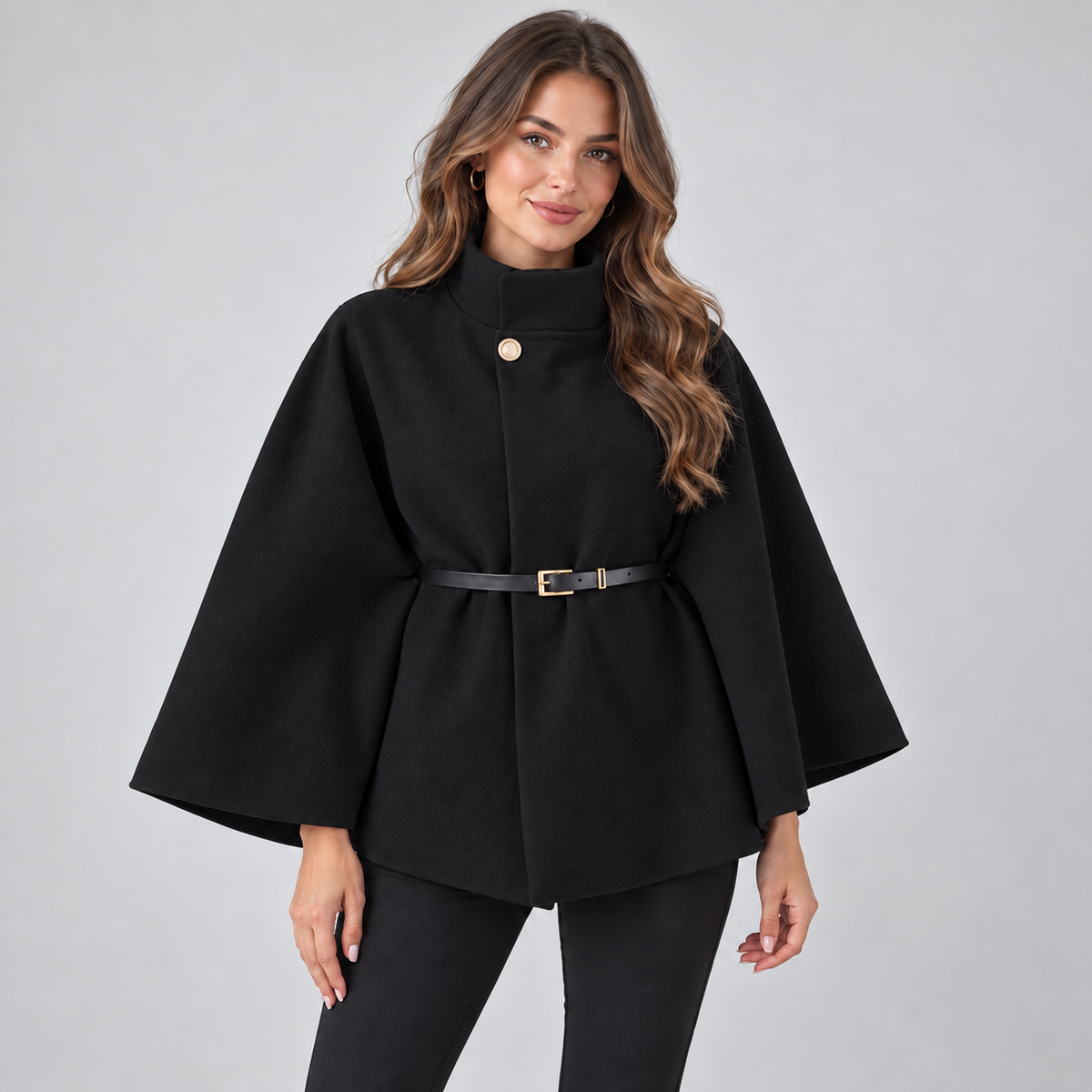 Women's Cape Coat — Belted High Neck Batwing Sleeves 5