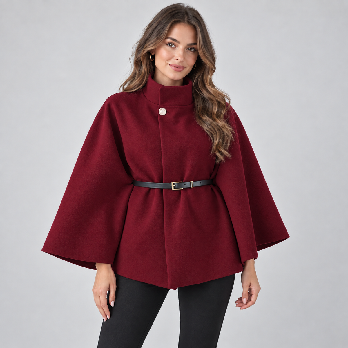 Women's Cape Coat — Belted High Neck Batwing Sleeves 10