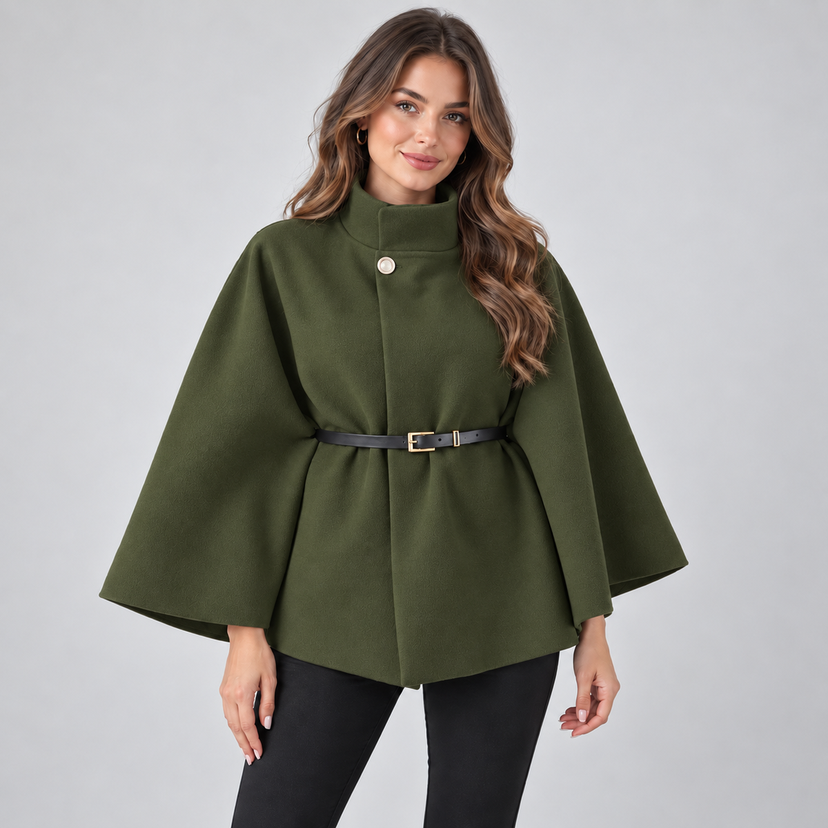Women's Cape Coat — Belted High Neck Batwing Sleeves 9