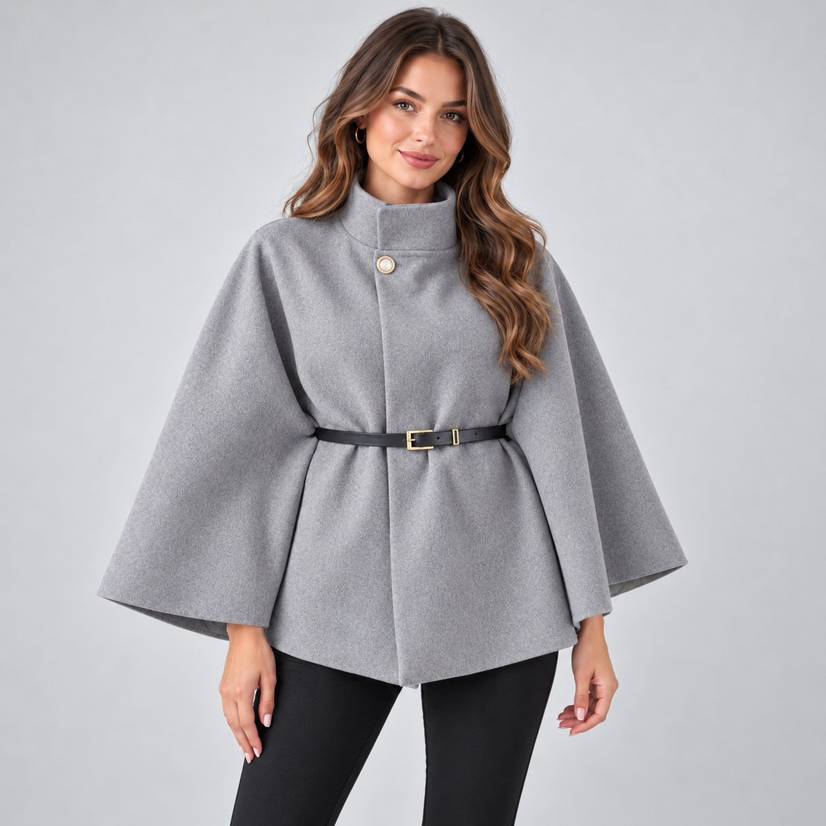 Women's Cape Coat — Belted High Neck Batwing Sleeves 8