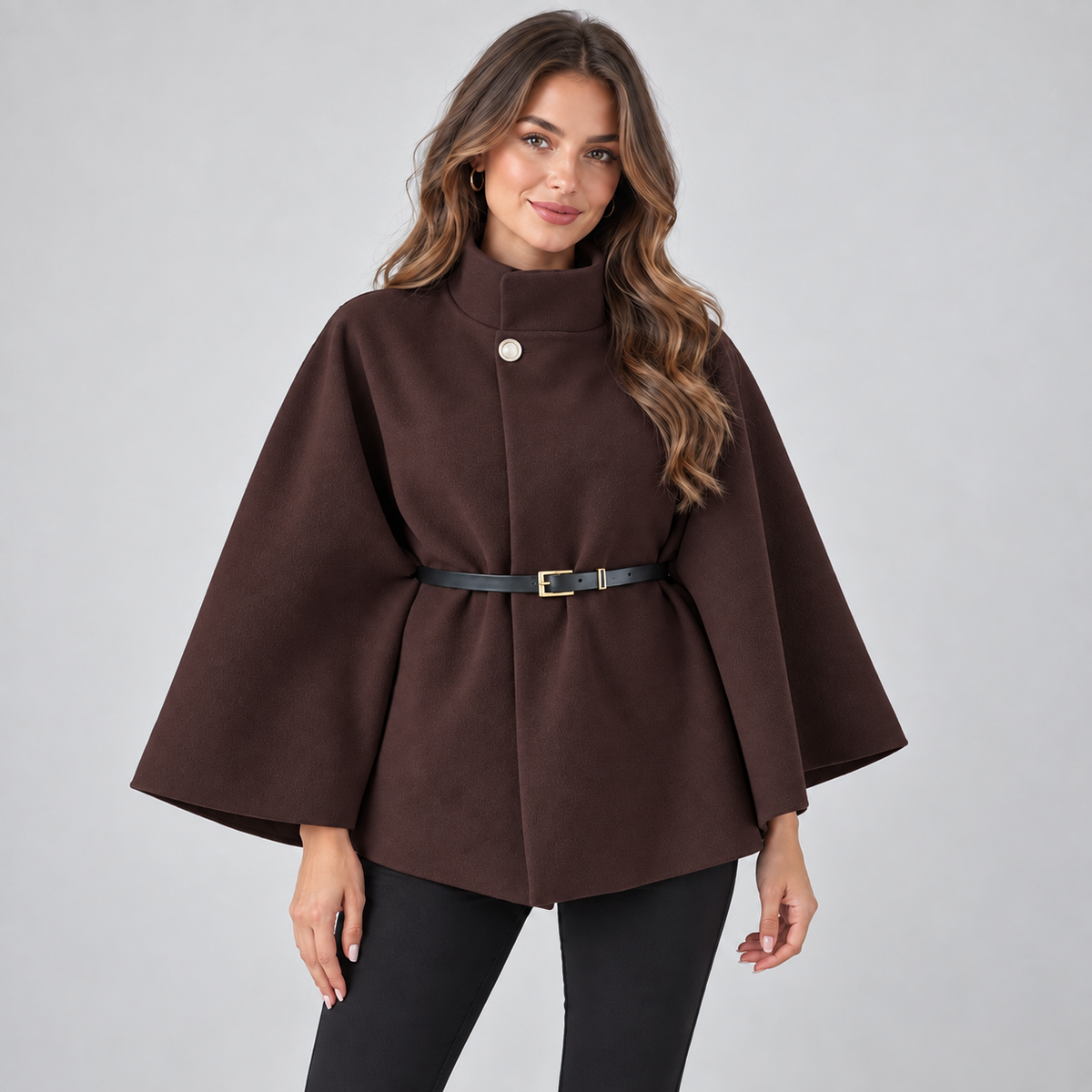 Women's Cape Coat — Belted High Neck Batwing Sleeves 6