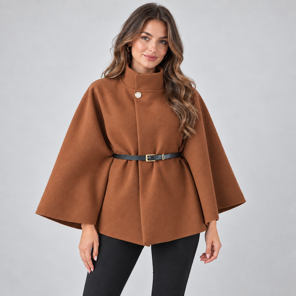 Women's Cape Coat — Belted High Neck Batwing Sleeves 7