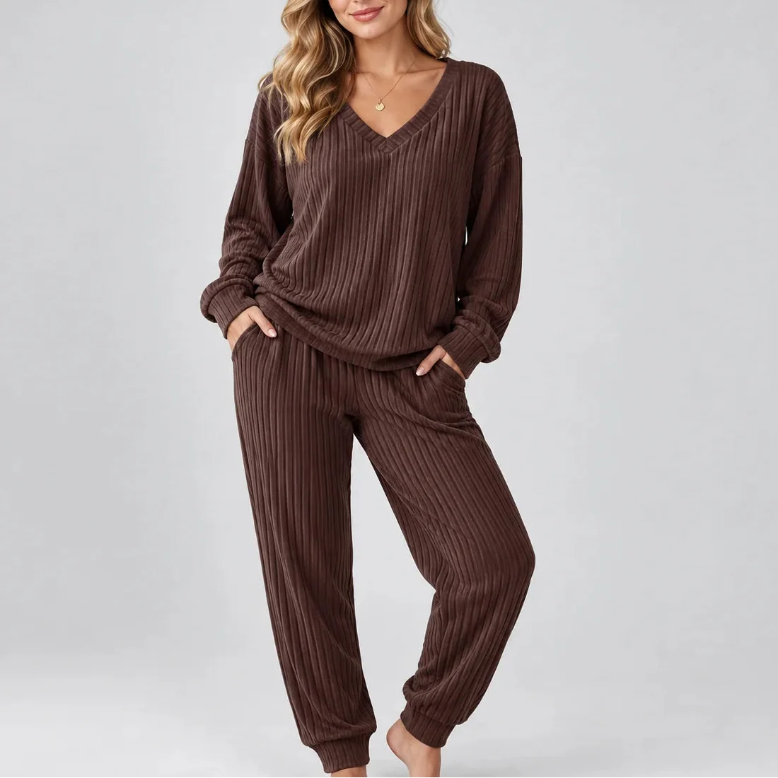 Women's Ribbed Lounge Two-Piece Set — V-Neck Long Sleeve 1