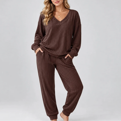 Women's Ribbed Lounge Two-Piece Set — V-Neck Long Sleeve 1