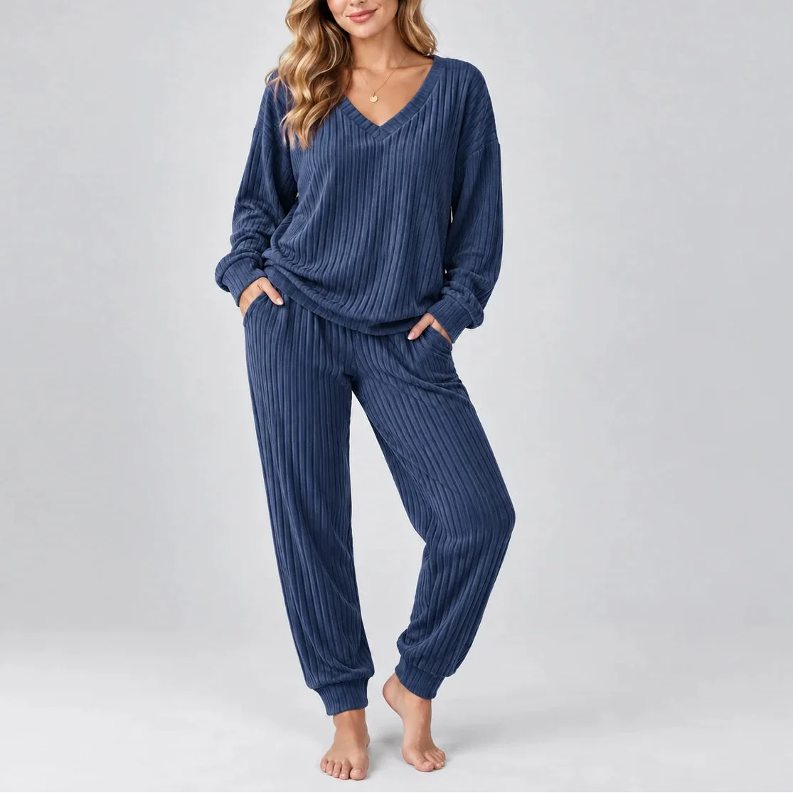 Women's Ribbed Lounge Two-Piece Set — V-Neck Long Sleeve 2