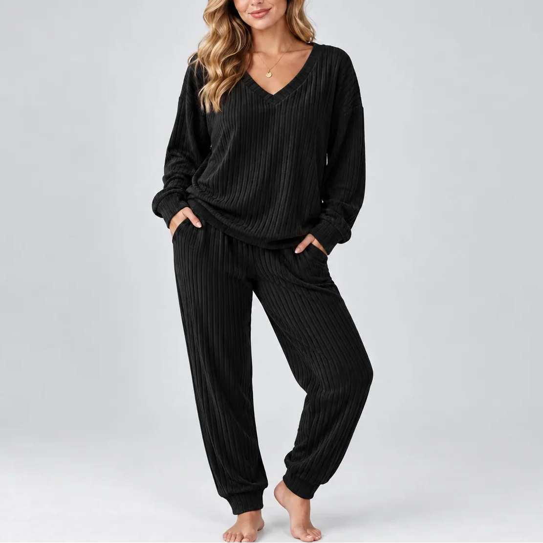 Women's Ribbed Lounge Two-Piece Set — V-Neck Long Sleeve 3