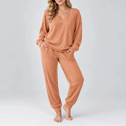 Women's Ribbed Lounge Two-Piece Set — V-Neck Long Sleeve 4