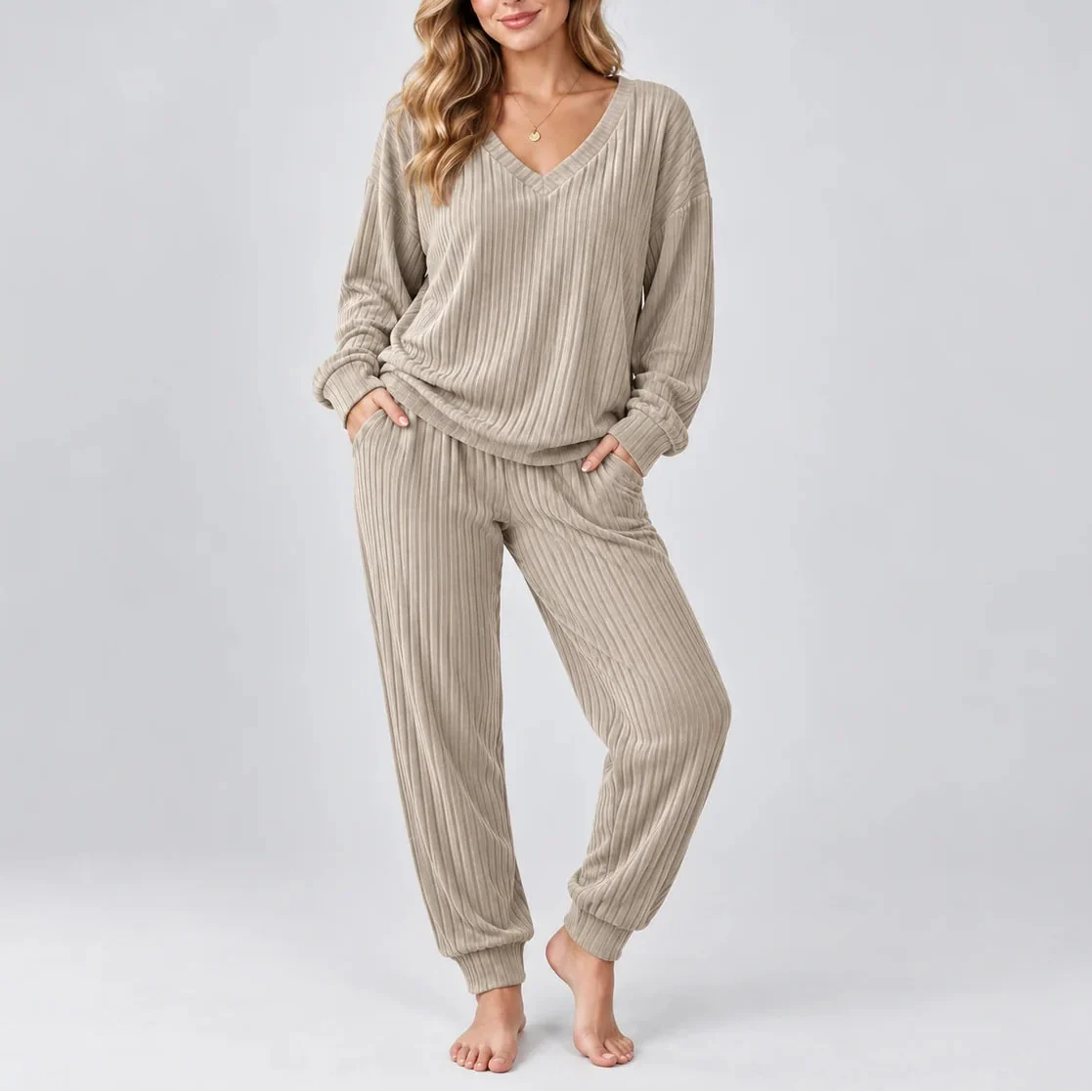 Women's Ribbed Lounge Two-Piece Set — V-Neck Long Sleeve 5