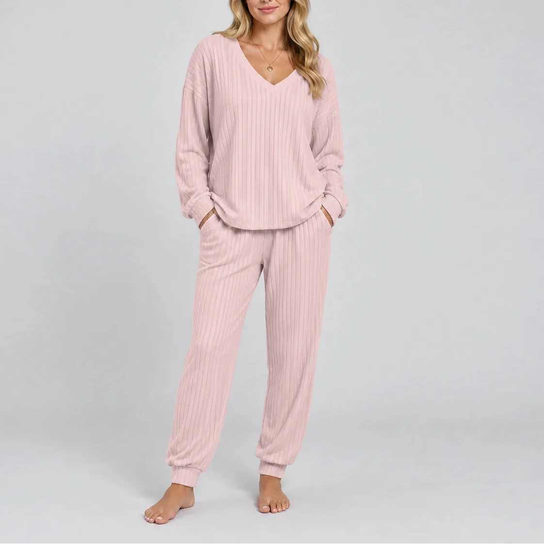 Women's Ribbed Lounge Two-Piece Set — V-Neck Long Sleeve 7