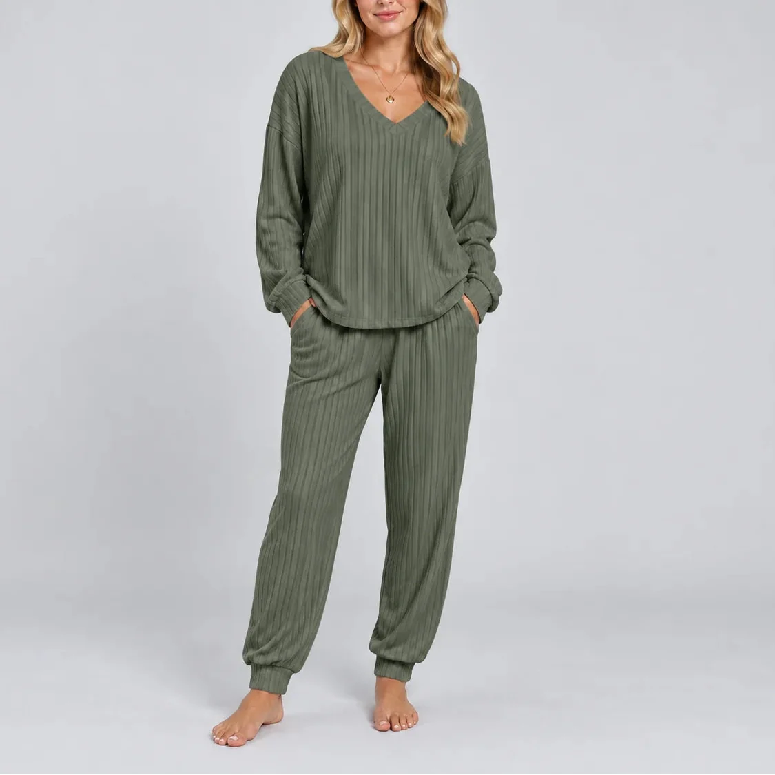 Women's Ribbed Lounge Two-Piece Set — V-Neck Long Sleeve 8